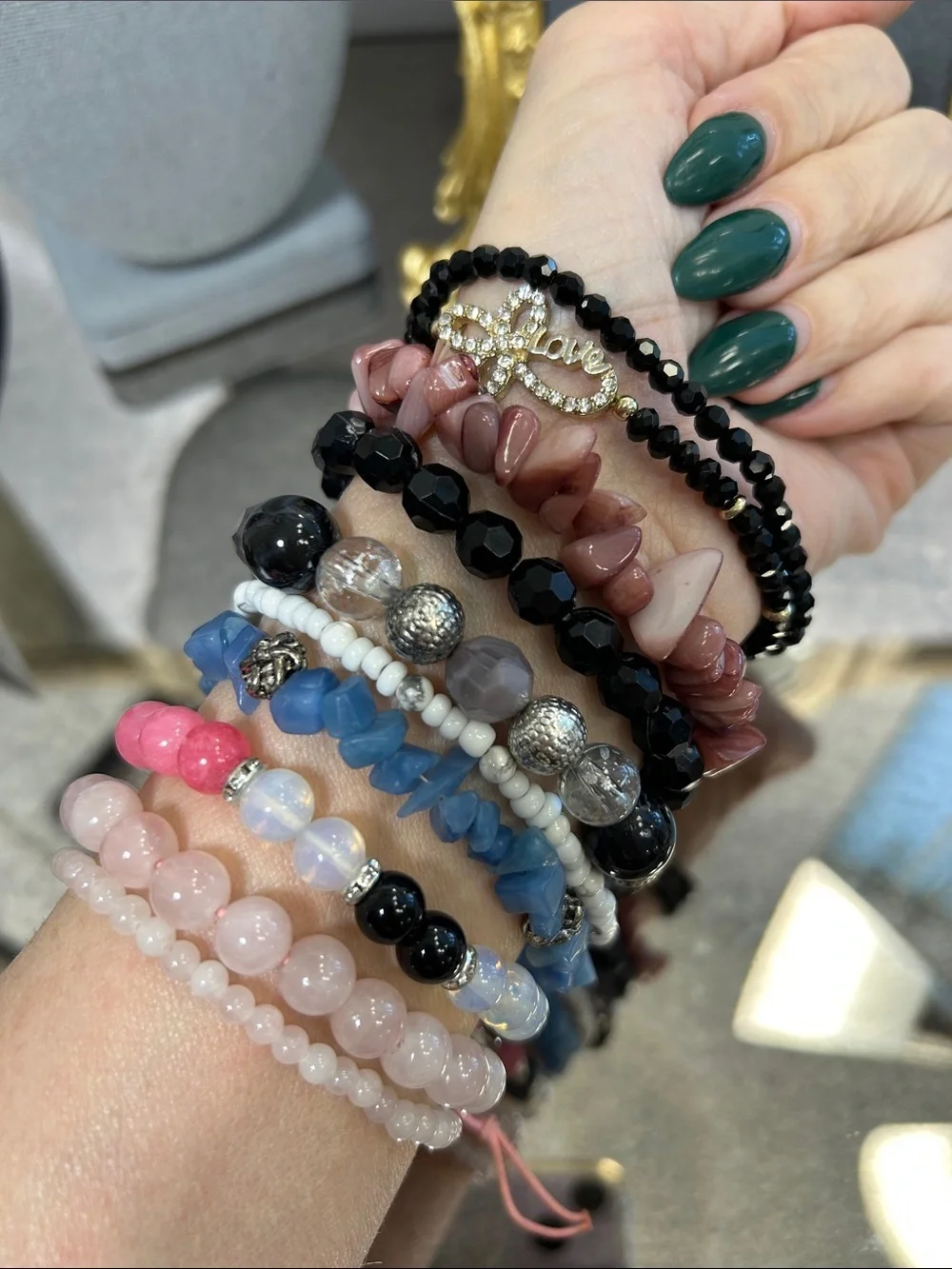 Bundle of Stackable Pink, Black & Blue Beaded Bracelet Set - Women Jewelry